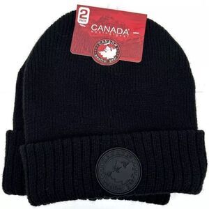 NWT 2-Pack Canada Weather Gear Knit Cuffed Beanie Hat Black & Gray Round Logos